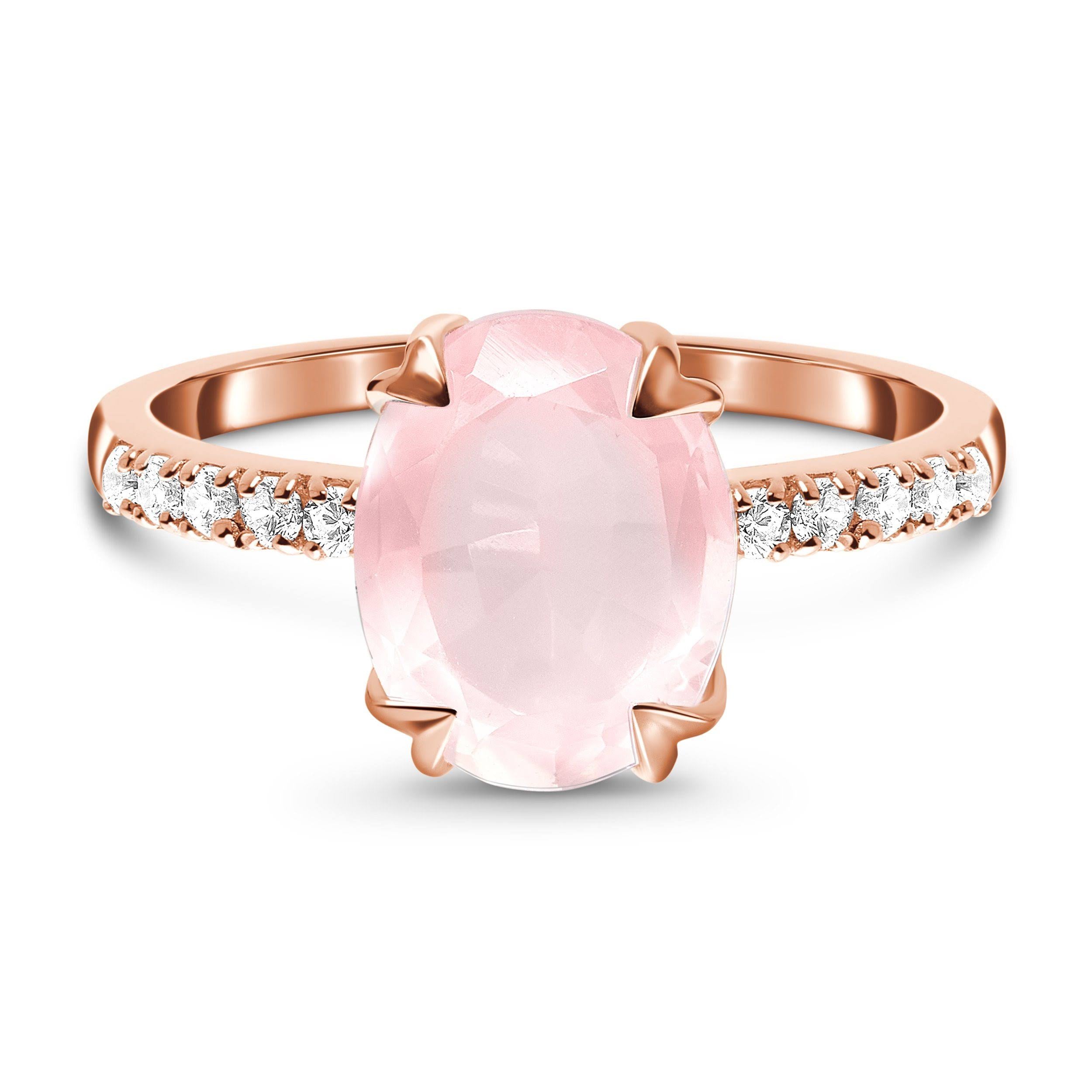Oval-cut Rose Quartz Ring with 10 White Topaz Gems 14kt Rose Gold Vermeil Half Eternity Settings Size 7 S4339