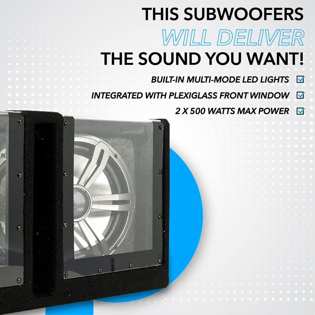 Dual 10 Inch Vented 1000 Watt Car Audio Subwoofer Box with LED Lights & Plexiglass Window F44915