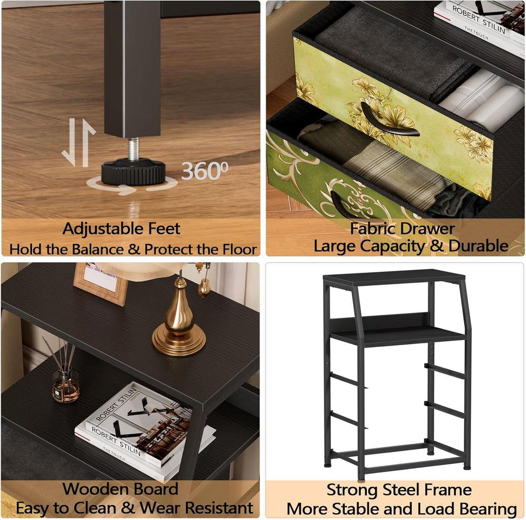 Nightstand with 4 Storage Drawer, Tall Dresser, Led Light, Charging Station, Metal Frame, Wood Shelf X7170