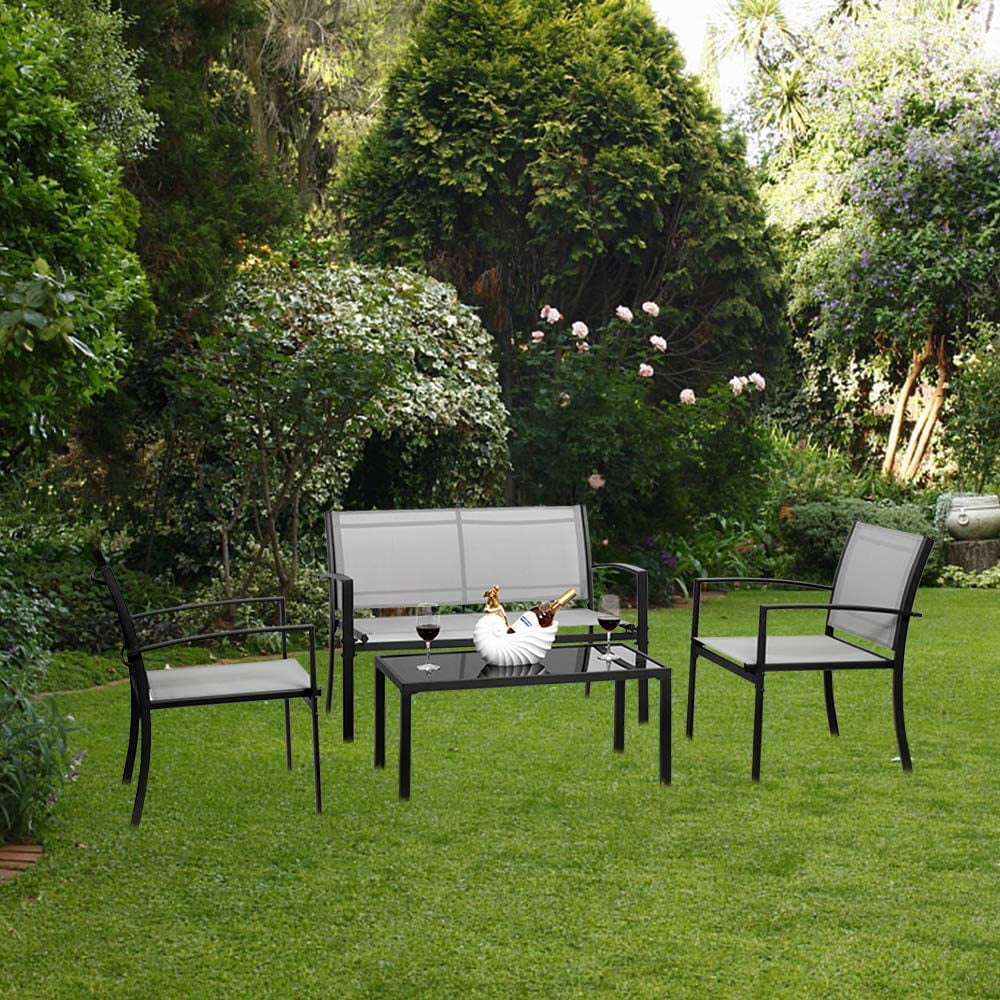 4 Pieces Patio Conversation Set with Loveseat and Coffee Table (Grey) S409