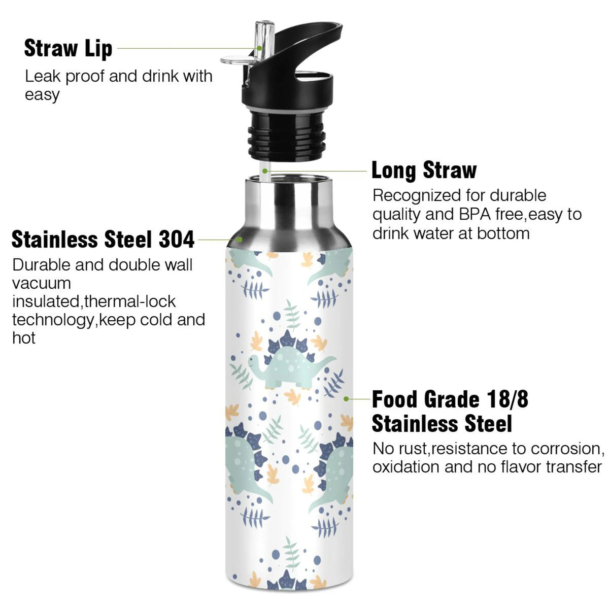 Stainless Steel Insulated Thermos Vacuum Flask Water Bottle with Straw Lid L199063