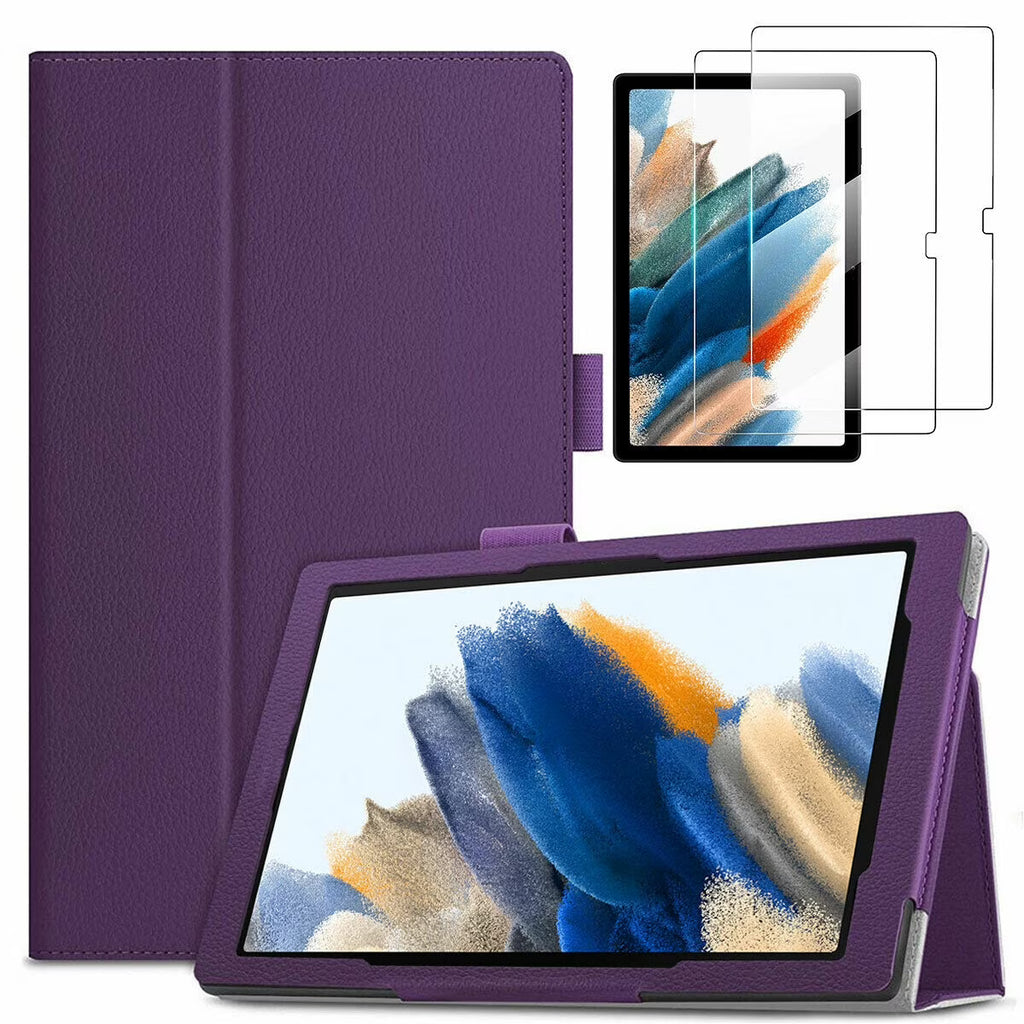 Purple Slim PU Leather Folio Cover Case for Samsung Galaxy Tab A8 10.5” with 2PCS Tempered Glass Screen Protector M65778