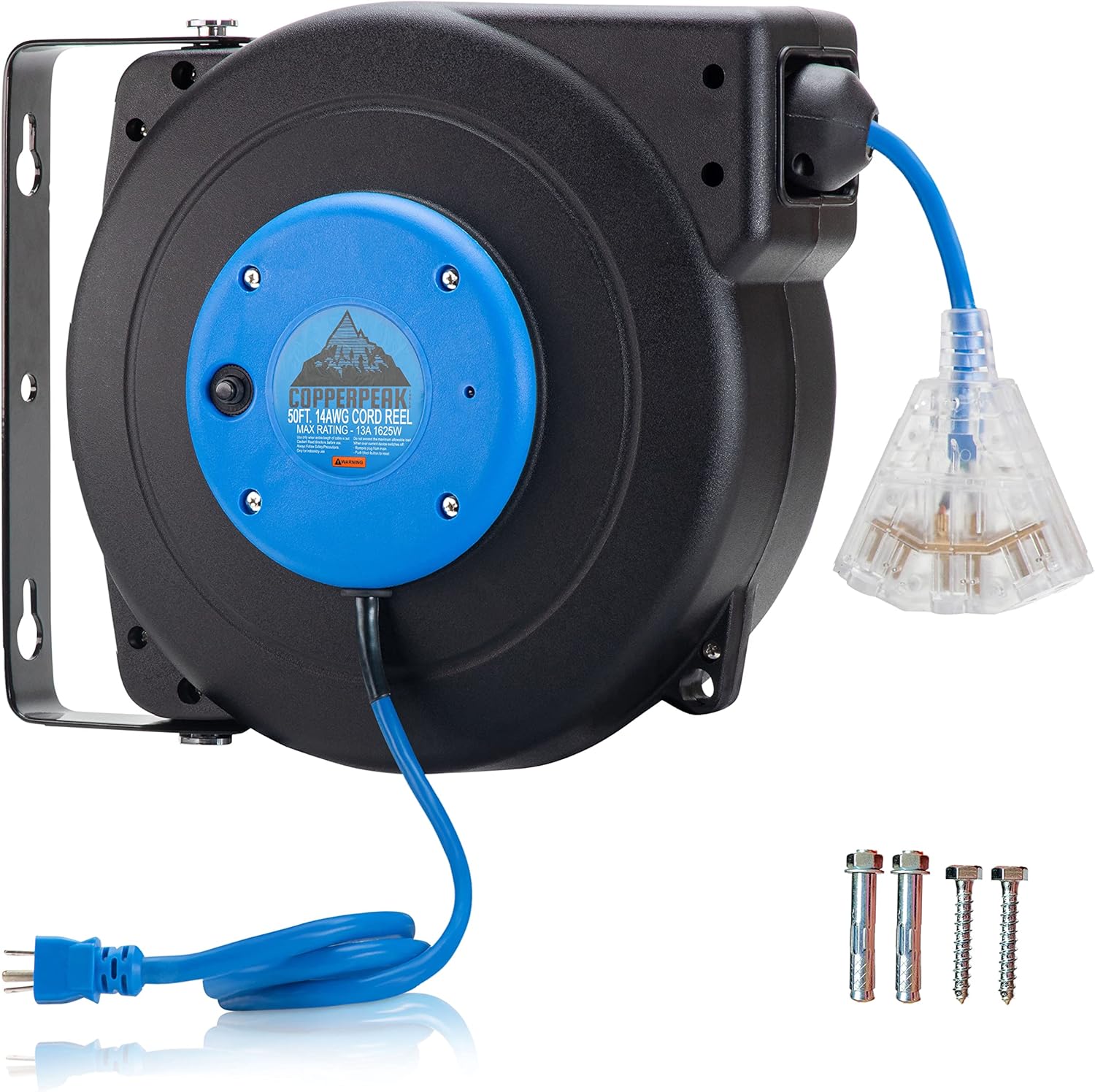 50 ft Retractable Extension Cord Reel, 12 Gauge, Blue and Grey W8800