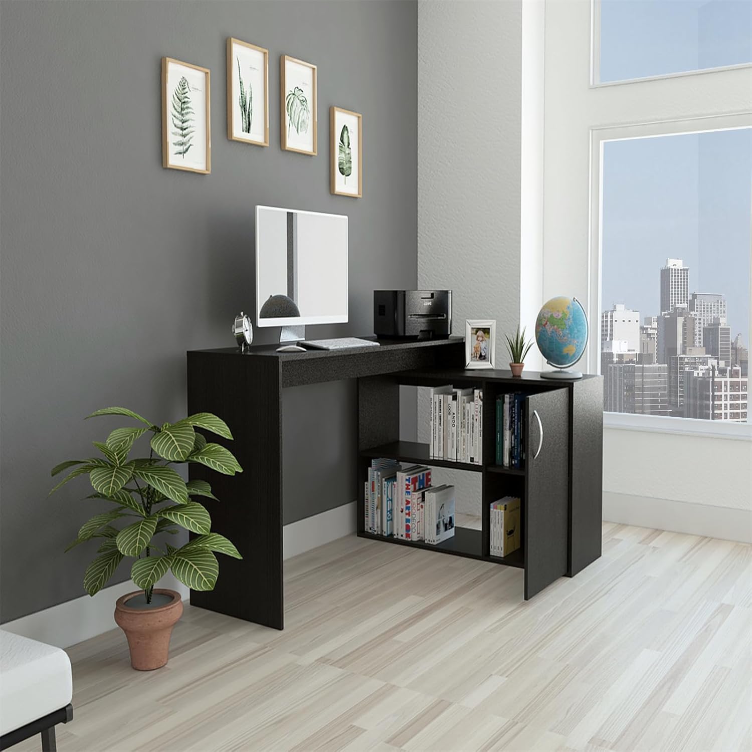 Black L Shaped Computer Desk with Drawers and Storage Cabinet Shelves, 55 Inch Z3053