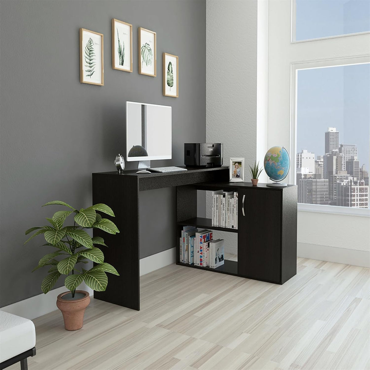 Black L Shaped Computer Desk with Drawers and Storage Cabinet Shelves, 55 Inch Z3053