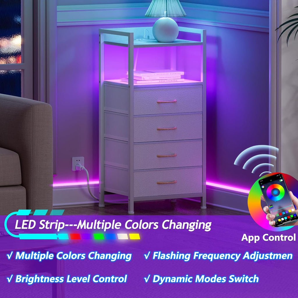Nightstand with 4 Storage Drawer, Tall Dresser, Led Light, Charging Station, Metal Frame, Wood Shelf X7170