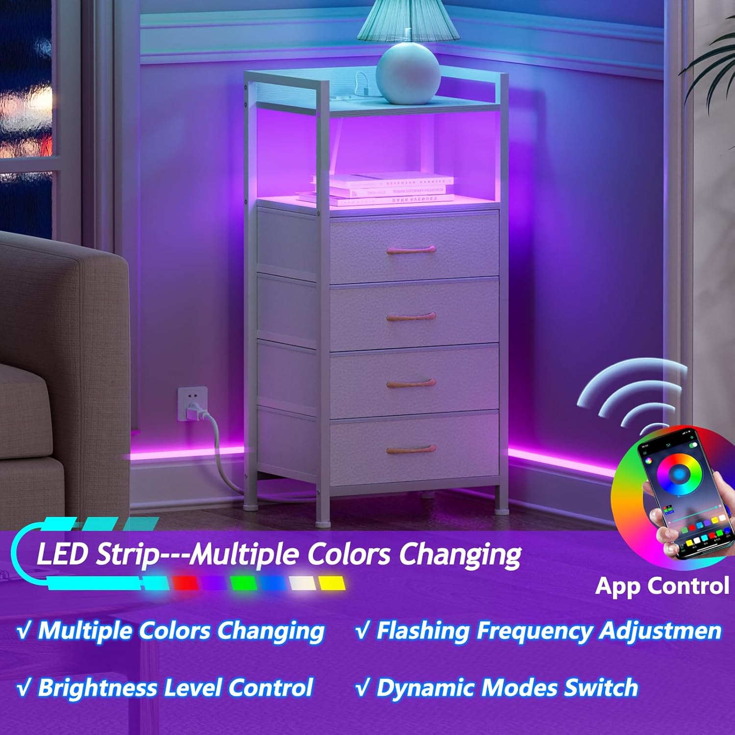 Nightstand with 4 Storage Drawer, Tall Dresser, Led Light, Charging Station, Metal Frame, Wood Shelf X7170