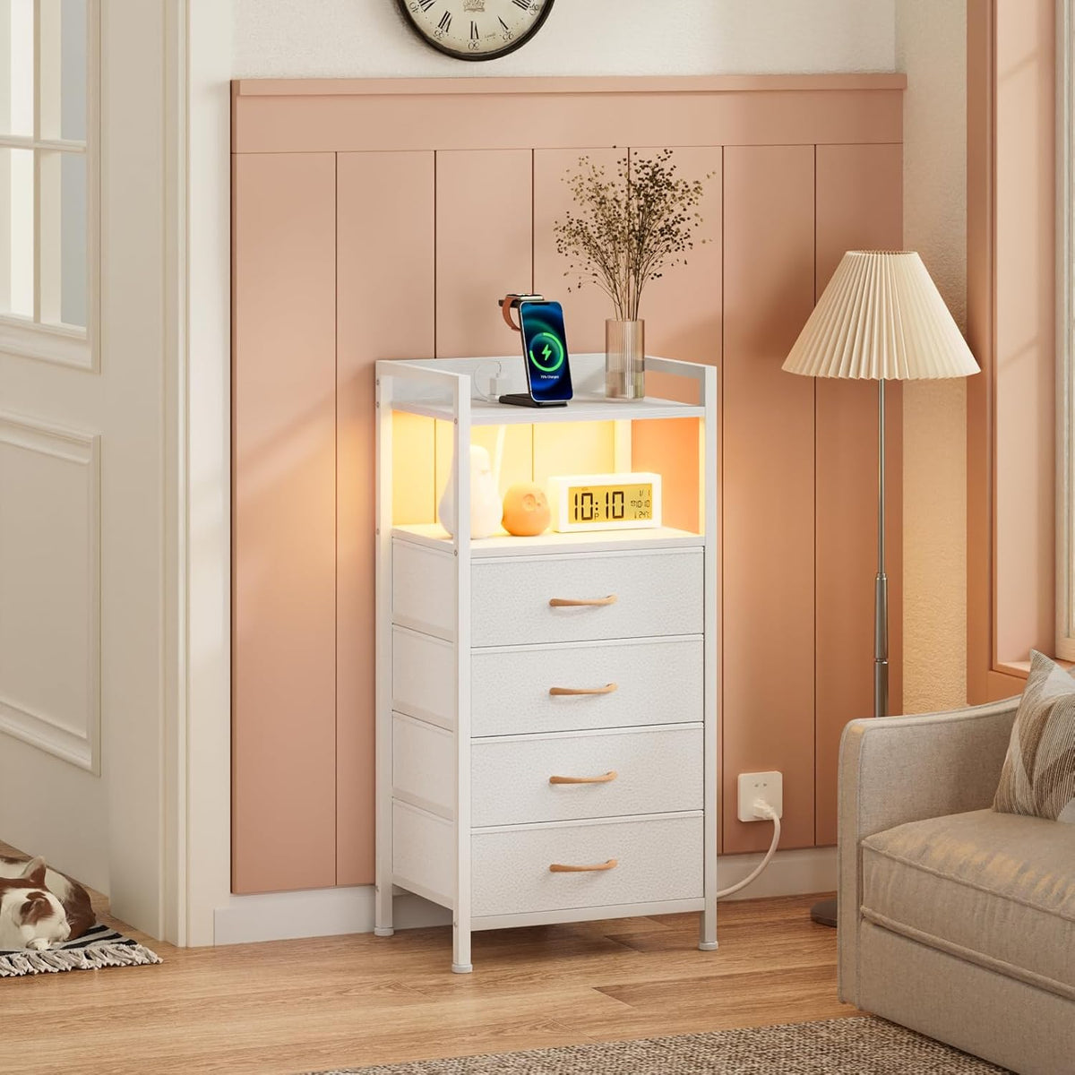 Nightstand with 4 Storage Drawer, Tall Dresser, Led Light, Charging Station, Metal Frame, Wood Shelf X7170