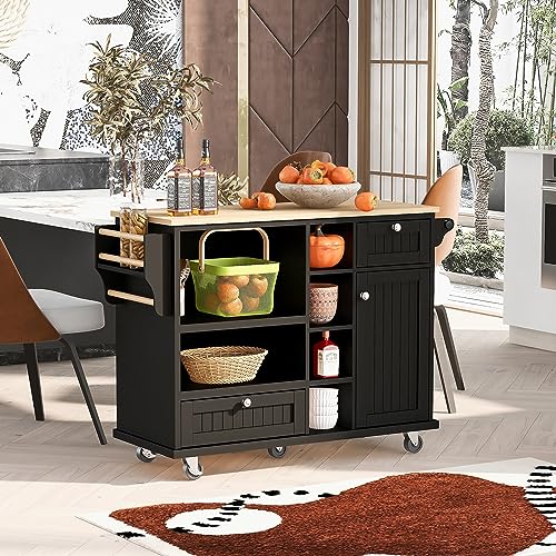 White Rolling Kitchen Island Cart with Wood Top and 2 Drawers A373684