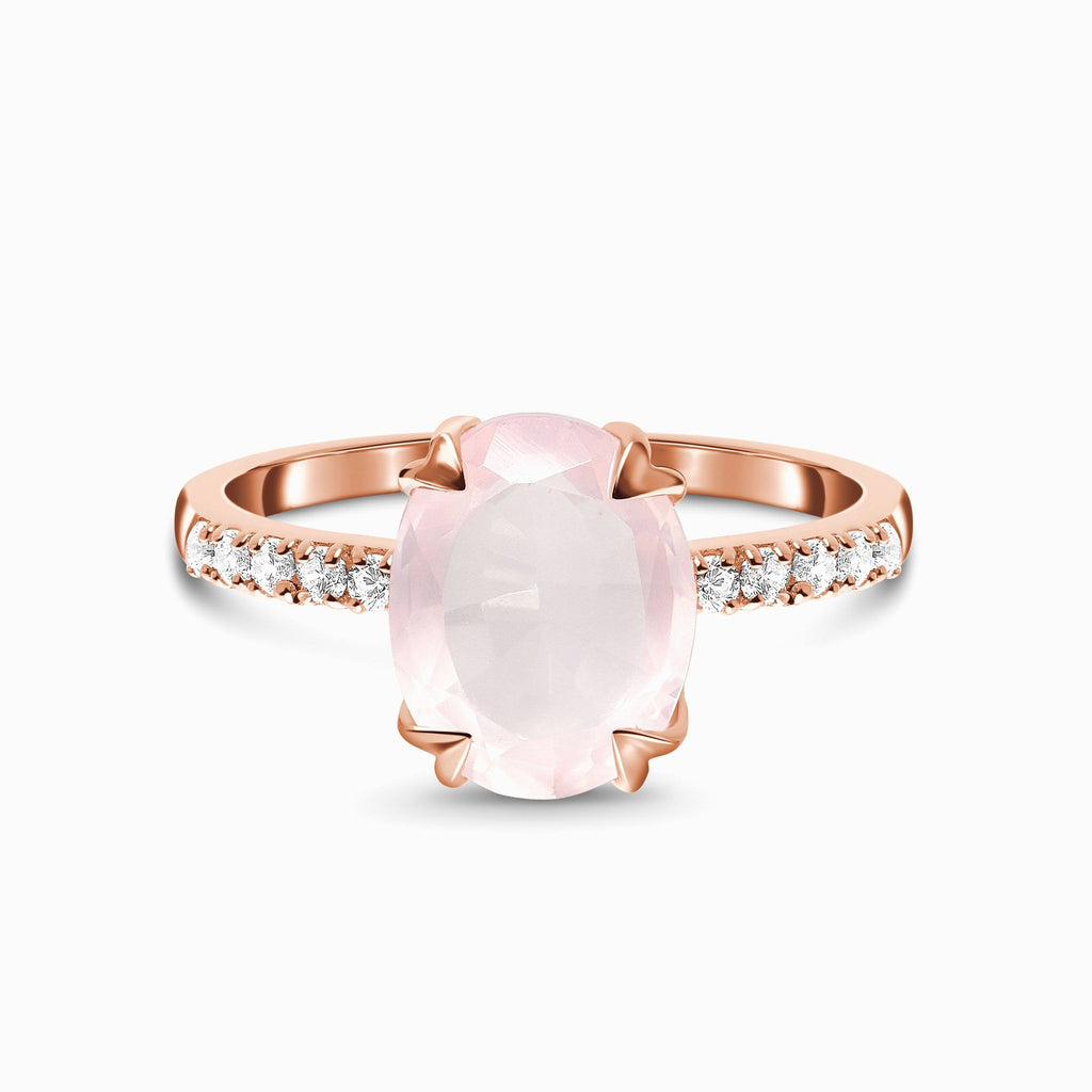 Oval-cut Rose Quartz Ring with 10 White Topaz Gems 14kt Rose Gold Vermeil Half Eternity Settings Size 7 S4339