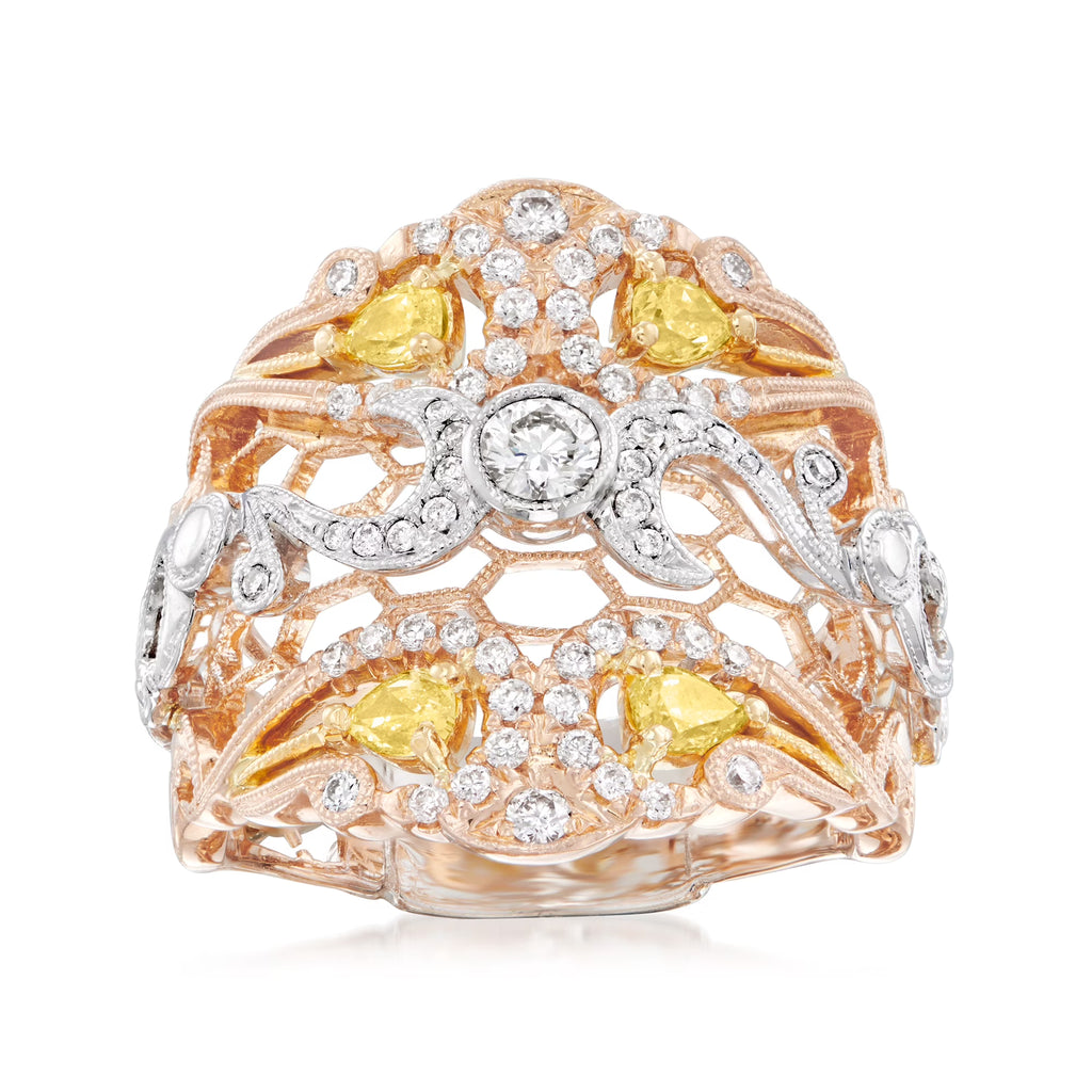 18kt 2-Tone Gold White and Yellow Diamond Honeycomb Ring T3757