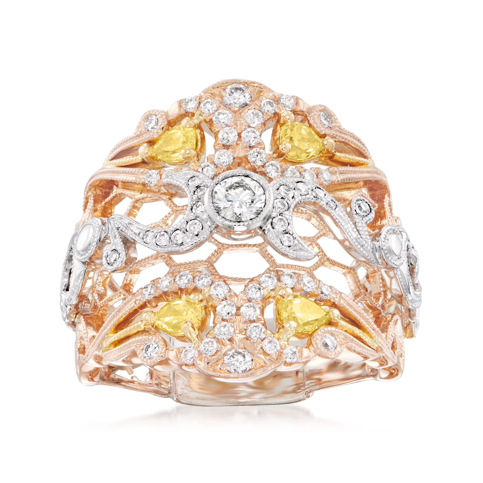 18kt 2-Tone Gold White and Yellow Diamond Honeycomb Ring T3757