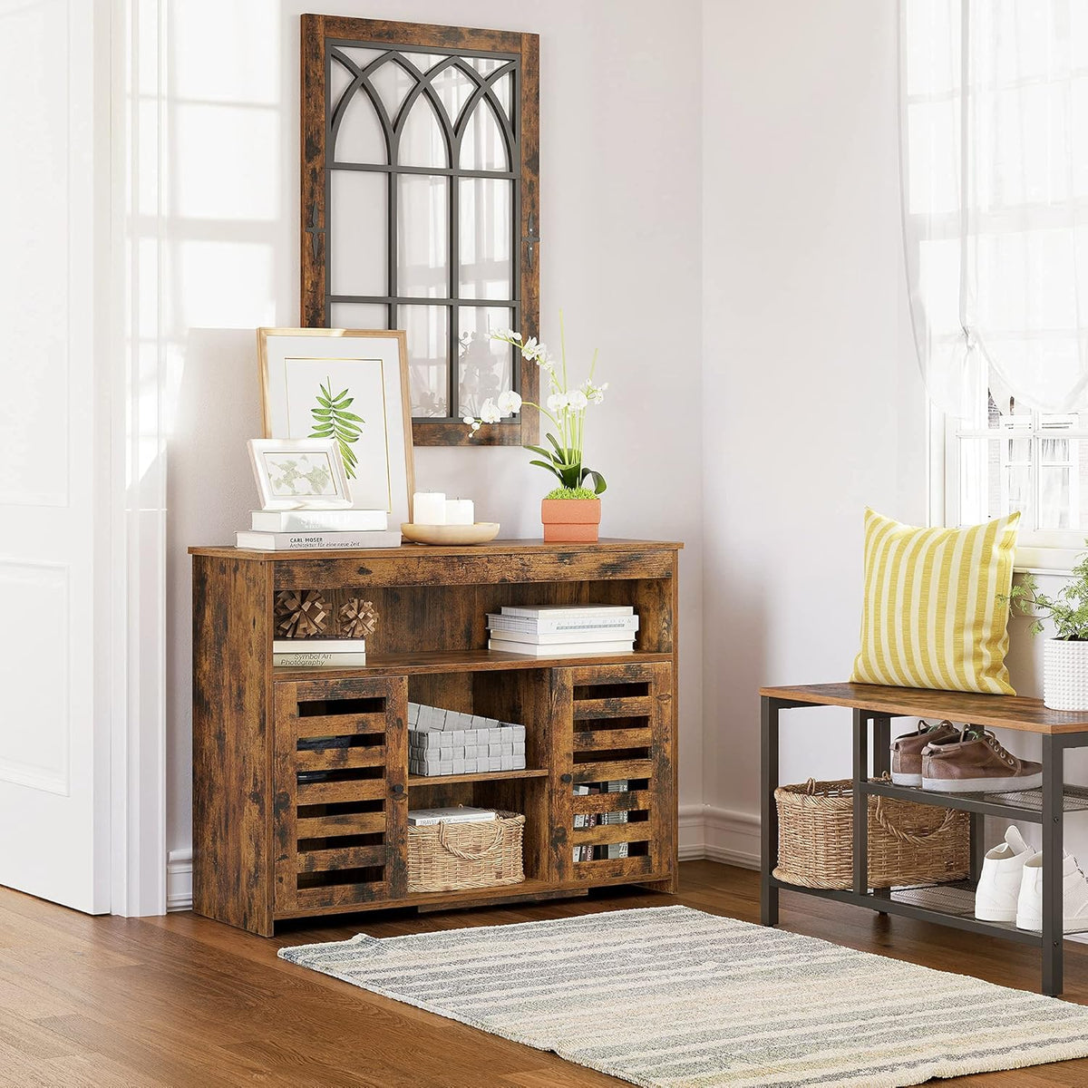 Rustic Brown Buffet Cabinet with Open Shelves and Louvered Doors C39445