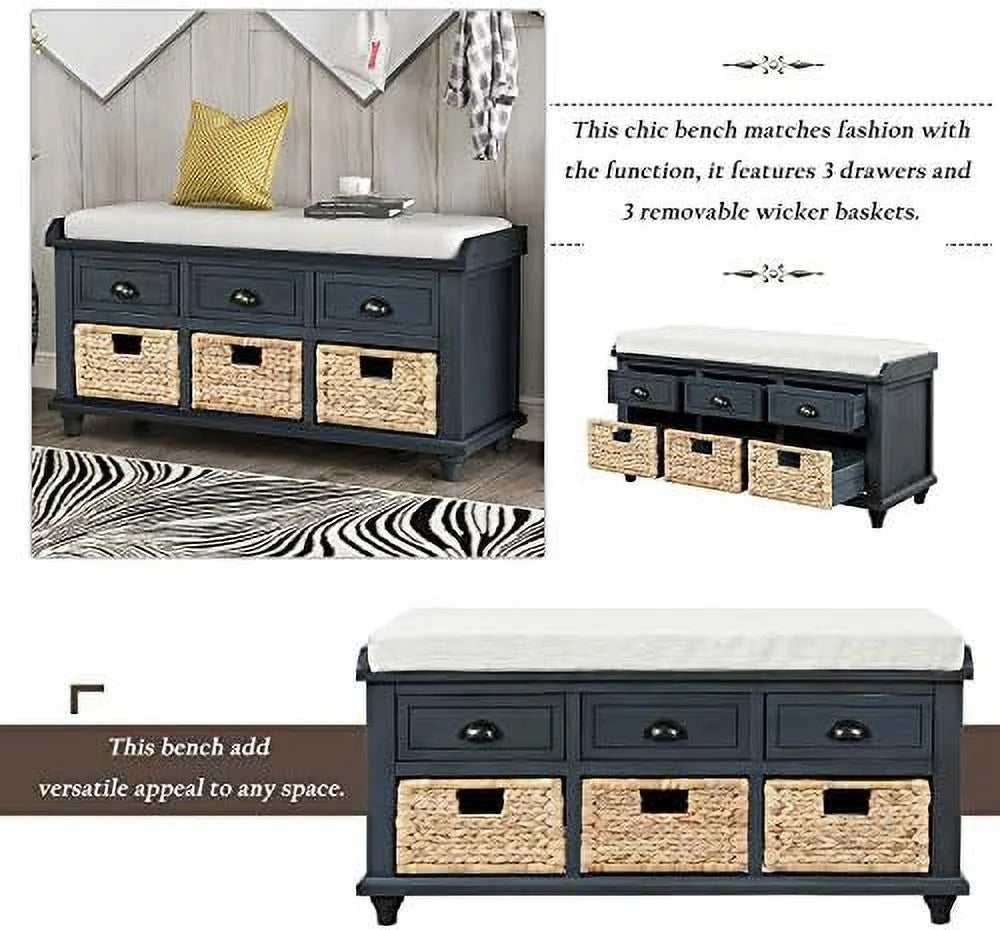 Rustic Bench with 3 Drawers and 3 Rattan Baskets Shoe Bench with Removable Cushion P139