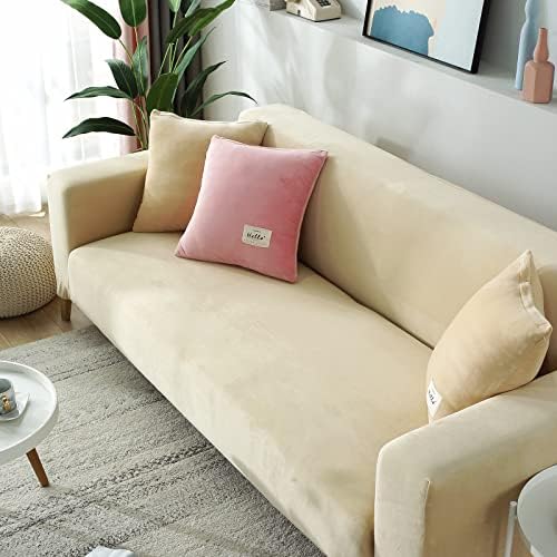 Beige 2 Seater Stretch Velvet Sofa Slipcover with Non Slip Elastic Straps A4961