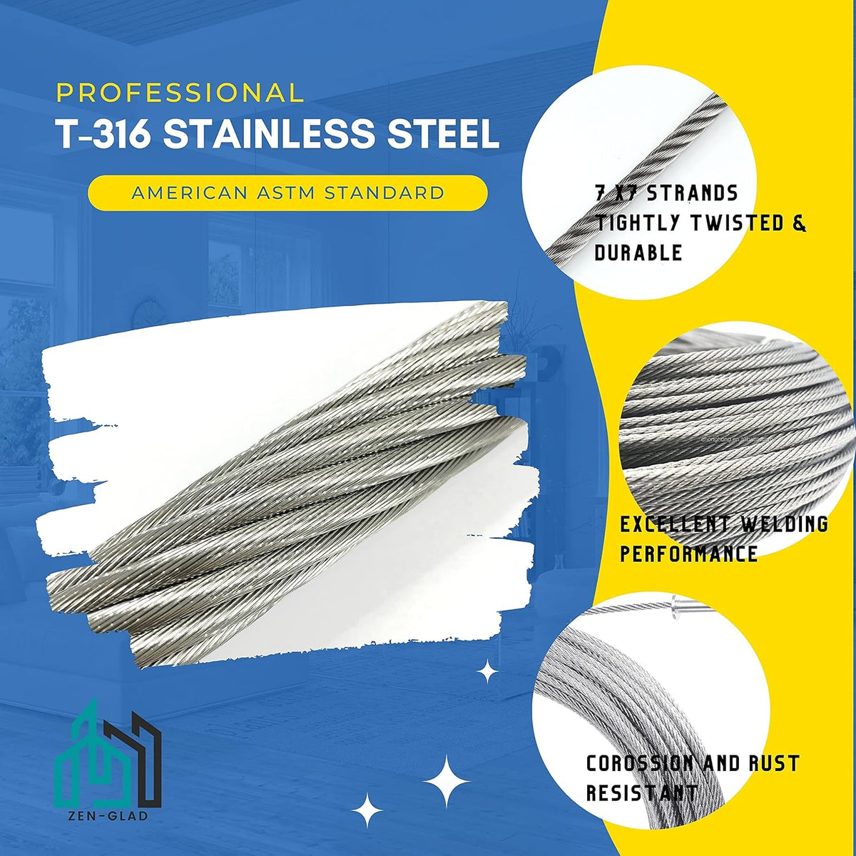 Stainless Steel Wire Rope 7x7 Strands T316 Steel Cable Railing Wire, 500ft, 1/8 I, with Wire Cable Cutter Z10665
