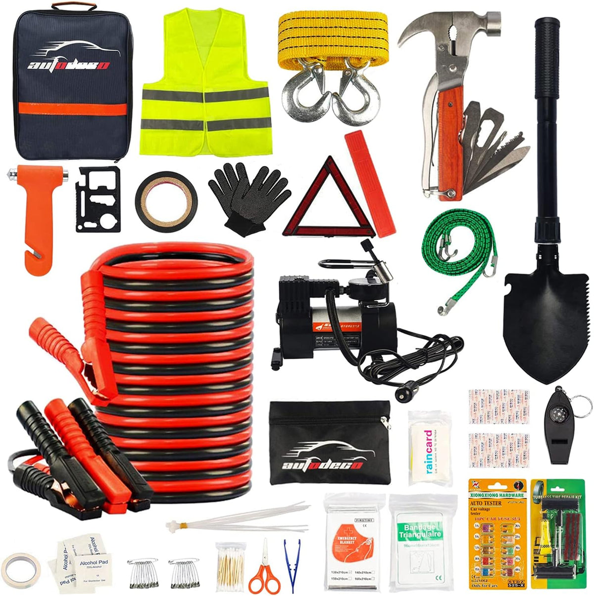 118 Pieces Car Emergency Kit with Jumper Cables, Air Compressor, Tow Strap J30072