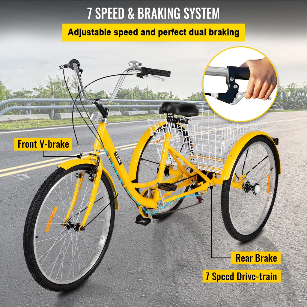 Adult Tricycle 7 Speed 26in Adjustable Trike with Bell, Brake System Basket B236634