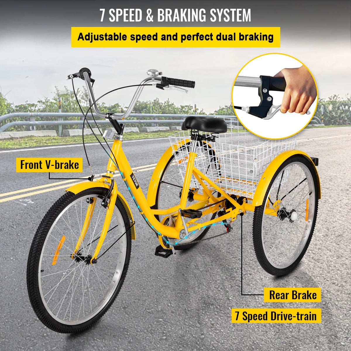 Adult Tricycle 7 Speed 26in Adjustable Trike with Bell, Brake System Basket B236634