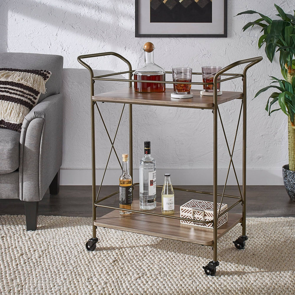 Bronze Finish Metal X-Frame Bar Cart with Walnut Wood Shelf U5692