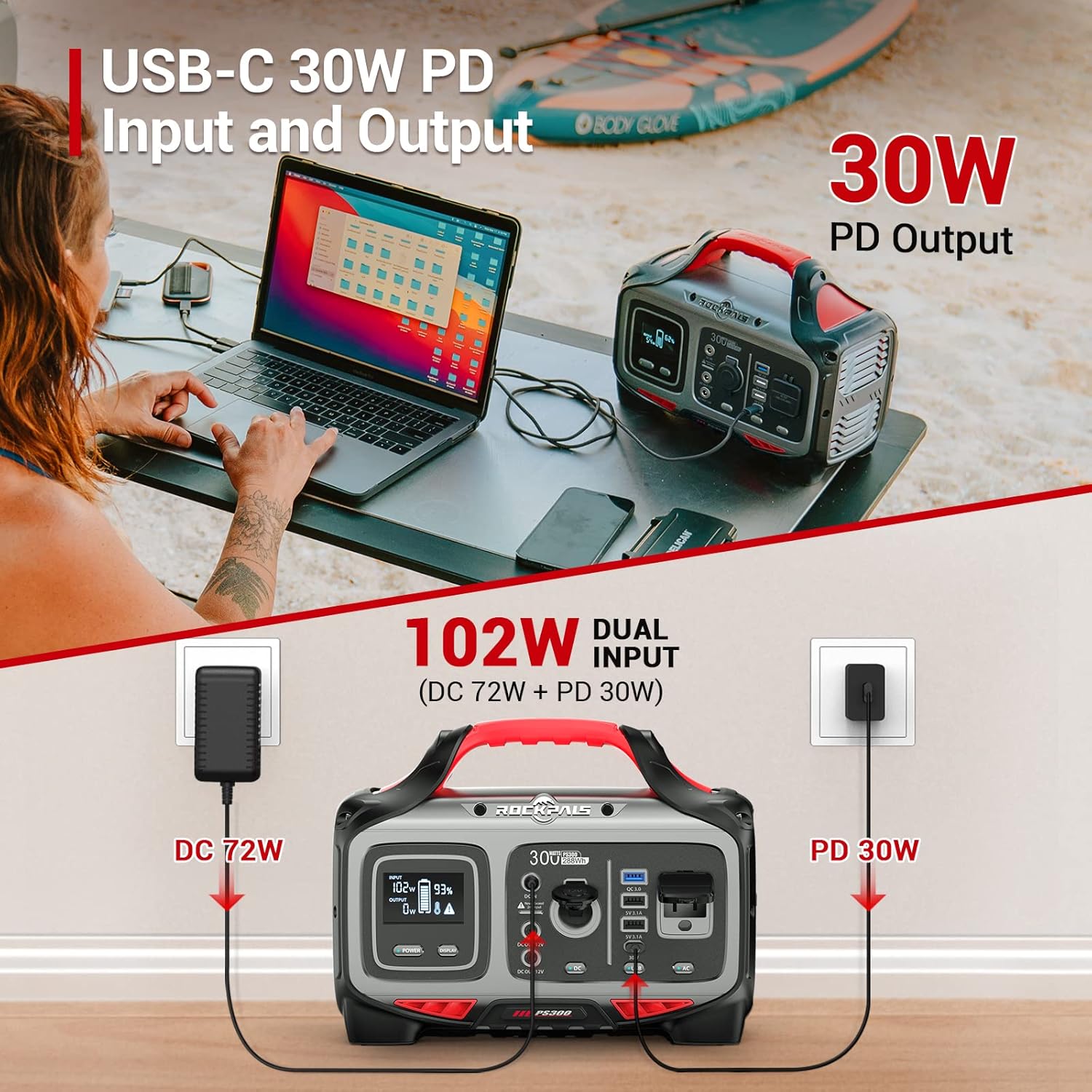 300W Portable Power Station, 280wh (78000mAh), 110V Pure Sine Wave AC Outlet, USB-C PD, QC 3.0, Lithium Battery F8144