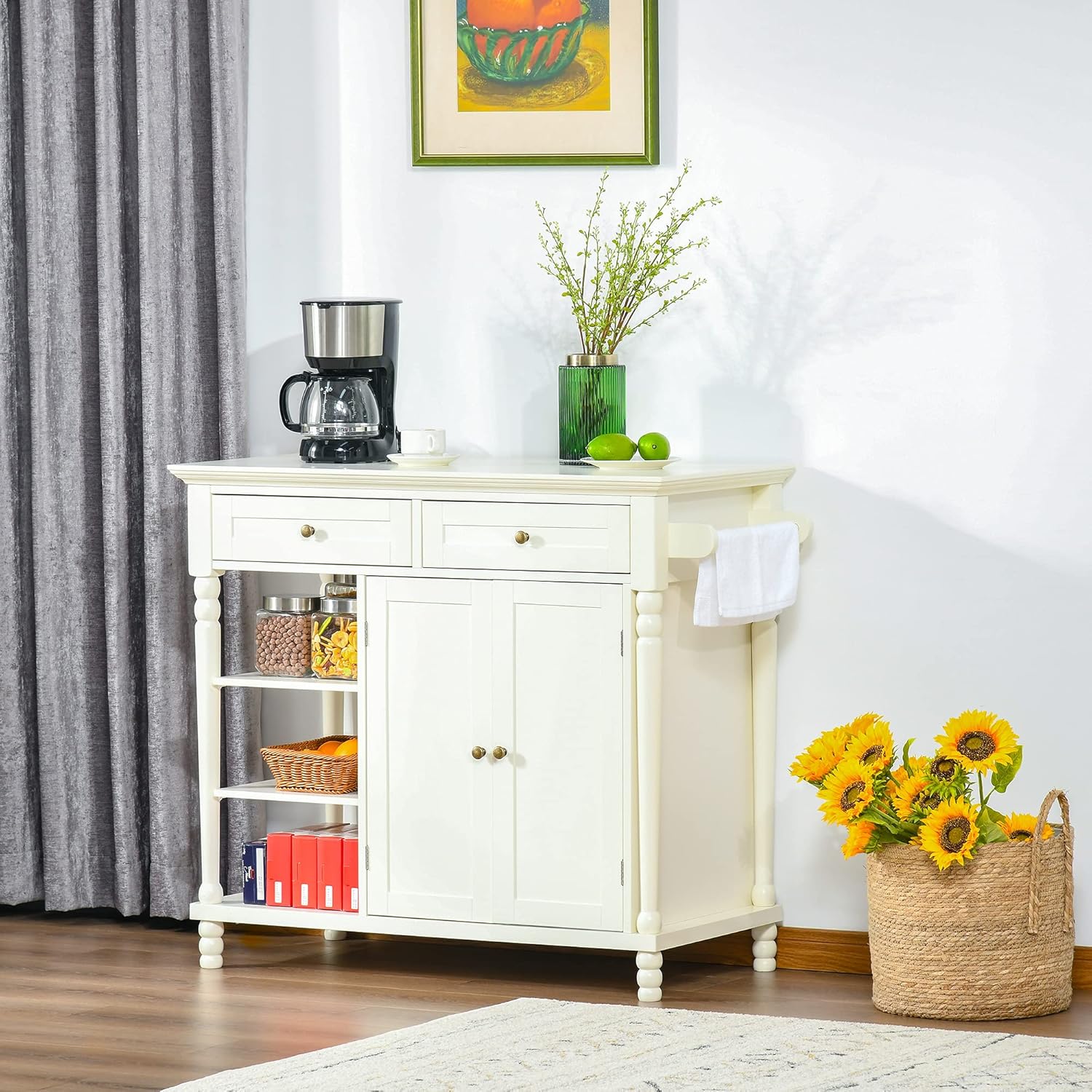 White Kitchen Sideboard Cabinet with 3-Tier Open Shelving and Pine Wood Legs O1980