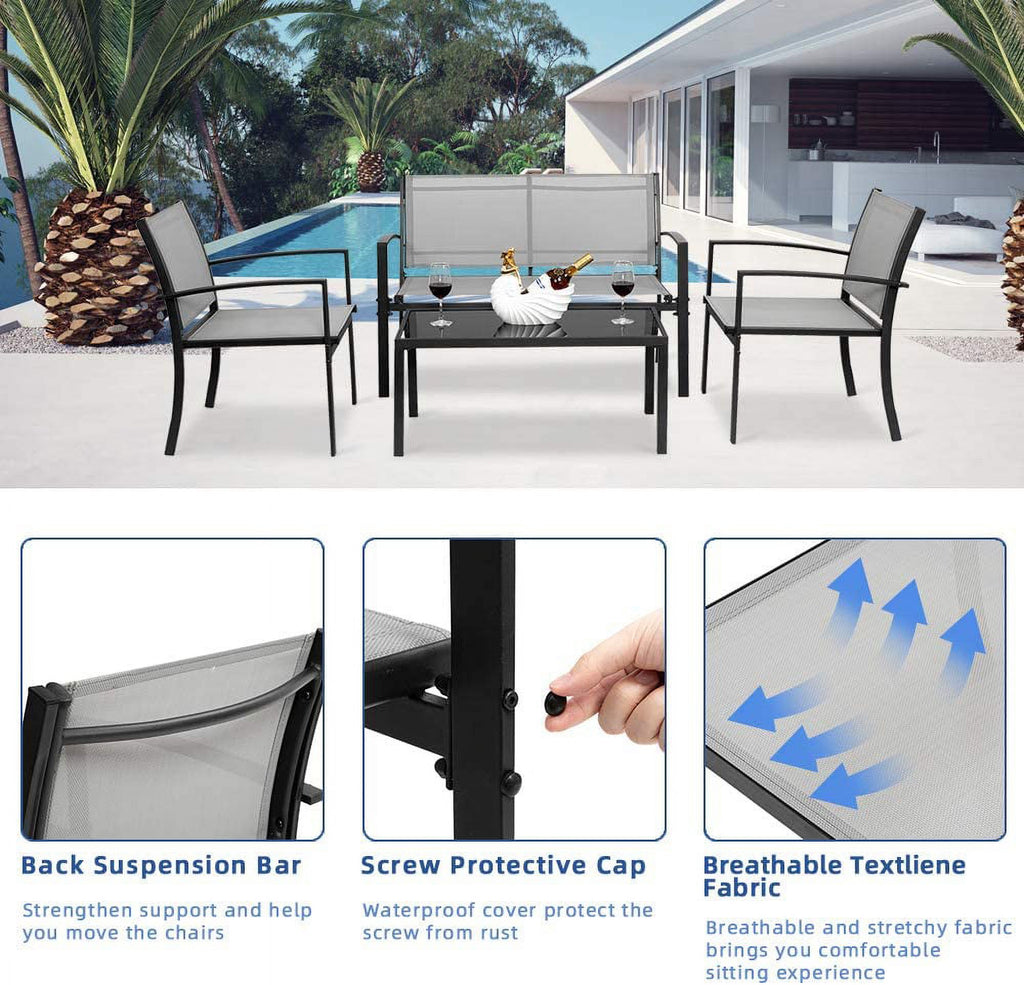 4 Pieces Patio Conversation Set with Loveseat and Coffee Table (Grey) S409