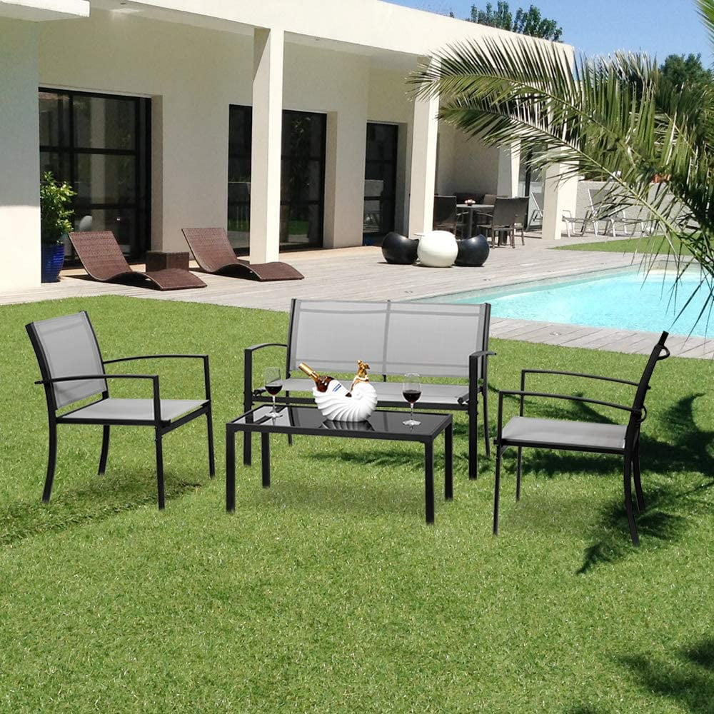 4 Pieces Patio Conversation Set with Loveseat and Coffee Table (Grey) S409