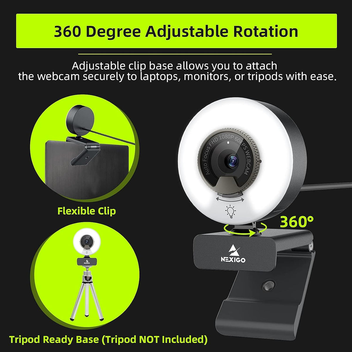 1080P 60FPS Webcam with Light, AutoFocus, Privacy Cover, Dual Stereo Microphone C310578