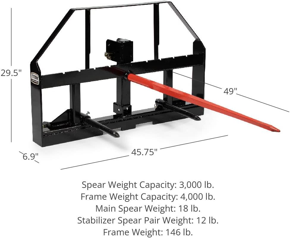 Pallet Fork Frame Attachment with 49 Hay Spear and Stabilizers, Fits Cat I & II Tractors, Rated 4,000 LB B9200