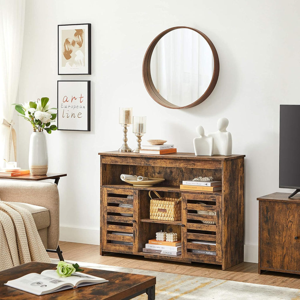 Rustic Brown Buffet Cabinet with Open Shelves and Louvered Doors C39445