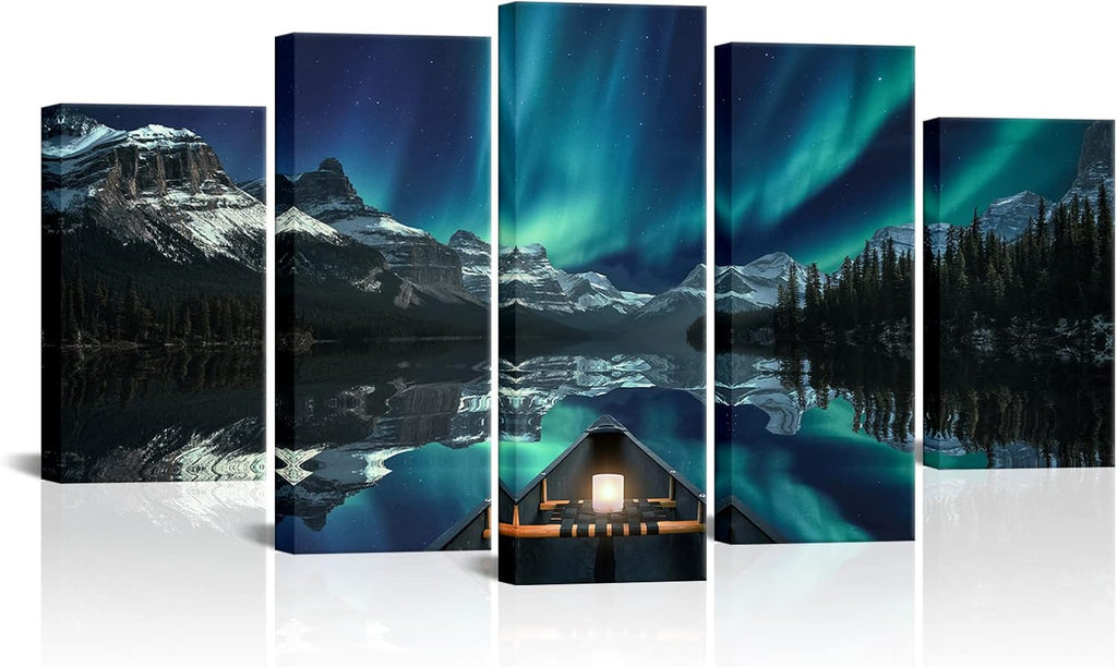 5 Panels Aurora Borealis Canvas Wall Art Stretched and Framed N43600
