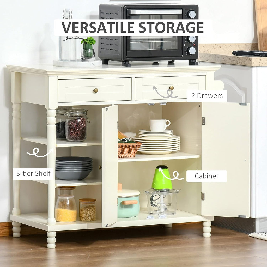 White Kitchen Sideboard Cabinet with 3-Tier Open Shelving and Pine Wood Legs O1980