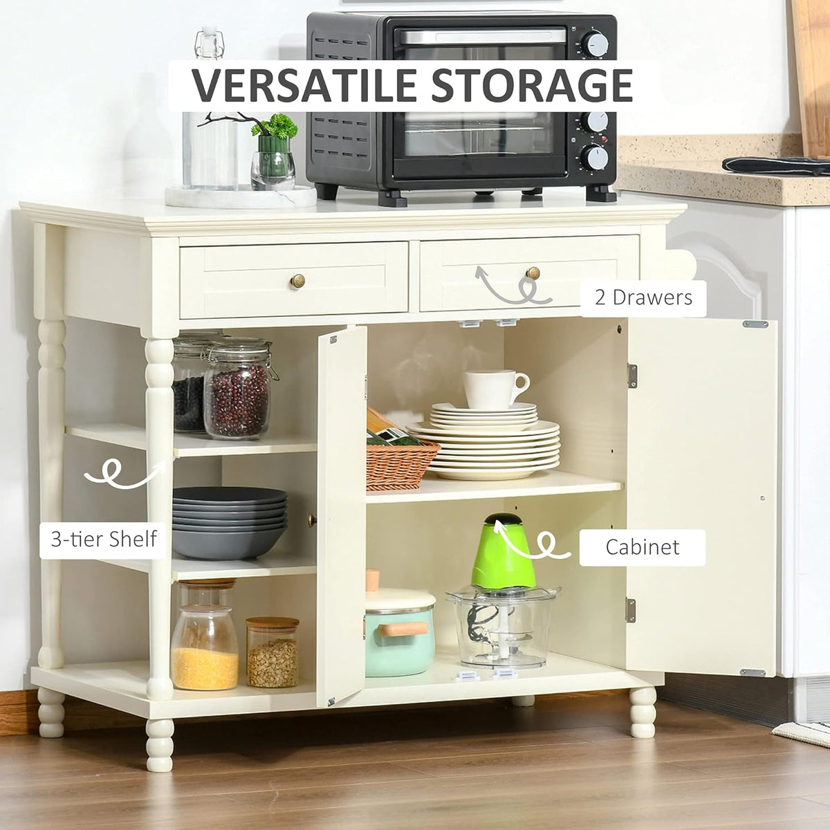 White Kitchen Sideboard Cabinet with 3-Tier Open Shelving and Pine Wood Legs O1980