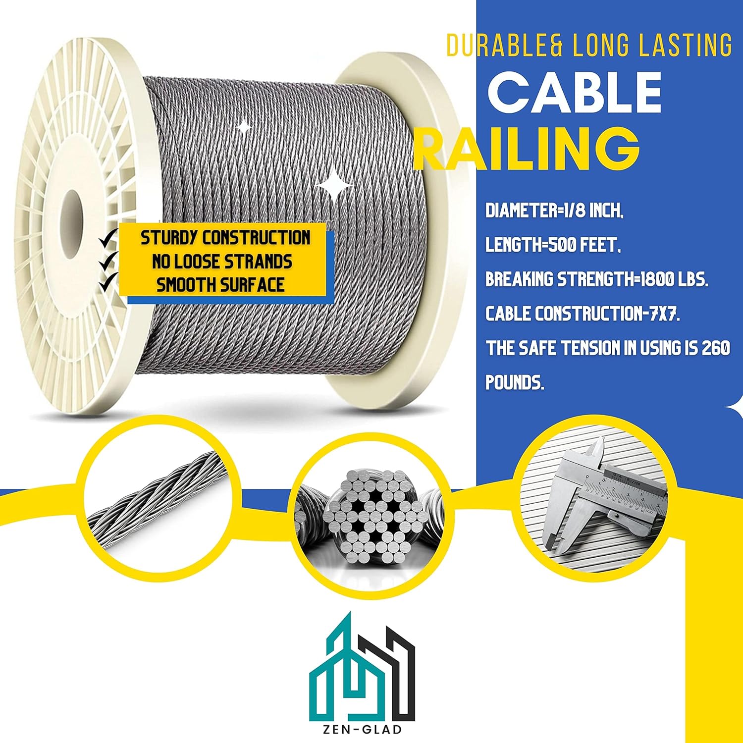Stainless Steel Wire Rope 7x7 Strands T316 Steel Cable Railing Wire, 500ft, 1/8 I, with Wire Cable Cutter Z10665