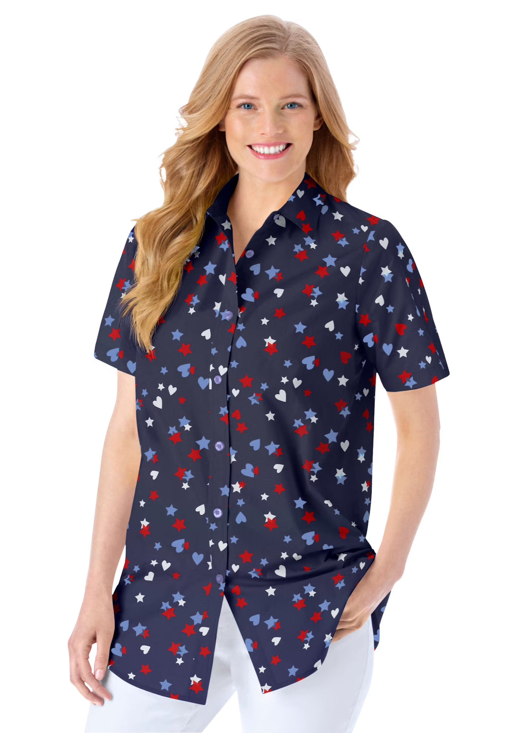 Navy Hearts And Stars Red Oversized Short Sleeve Button-Down Tunic Blouse U276