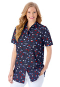 Navy Hearts And Stars Red Oversized Short Sleeve Button-Down Tunic Blouse U276