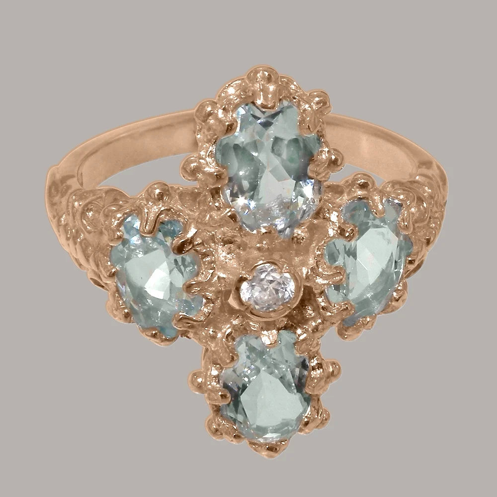18k Rose Gold Natural Diamond & Aquamarine Womens Promise Ring Q562