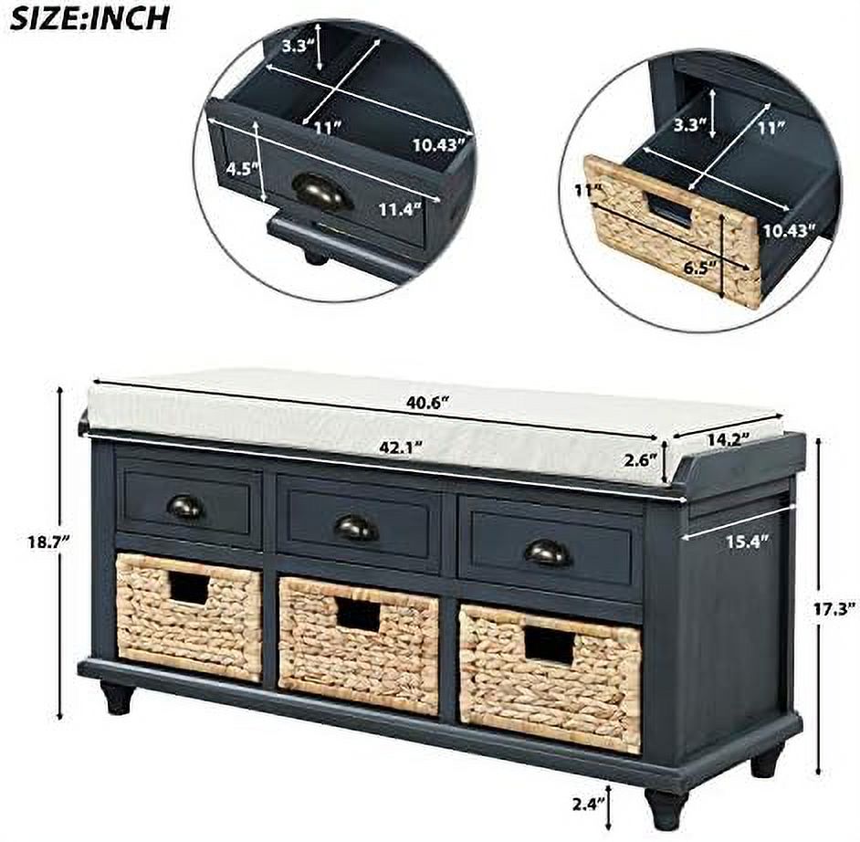 Rustic Bench with 3 Drawers and 3 Rattan Baskets Shoe Bench with Removable Cushion P139