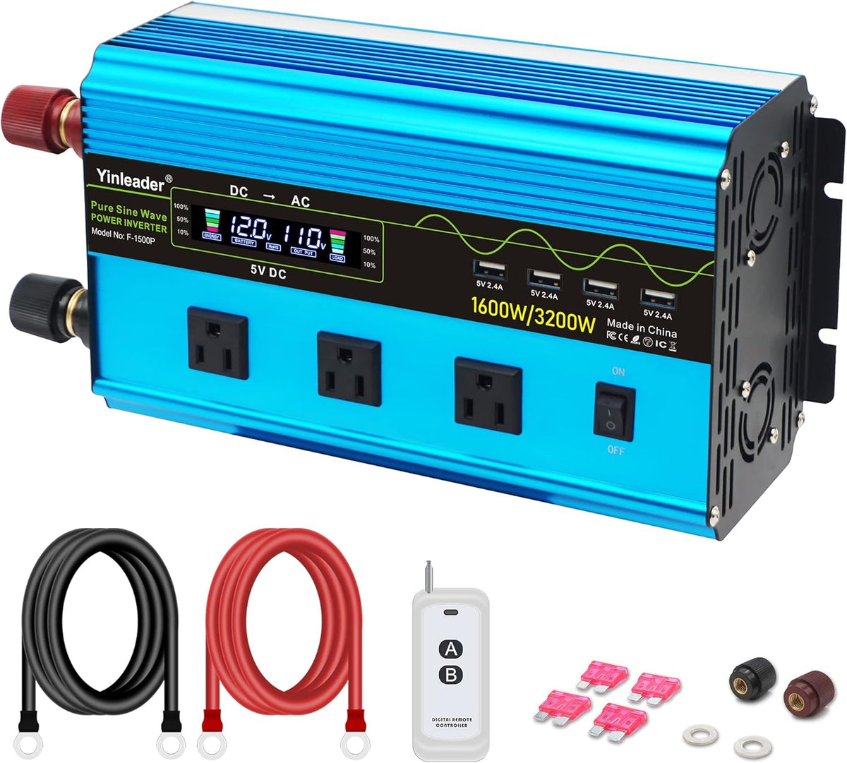 500W Pure Sine Wave Power Inverter DC 12V to 110V/120V AC Dual USB Charging Ports 2 AC Outlets Cigarette Lighter Plug Pack of 2 Z1000