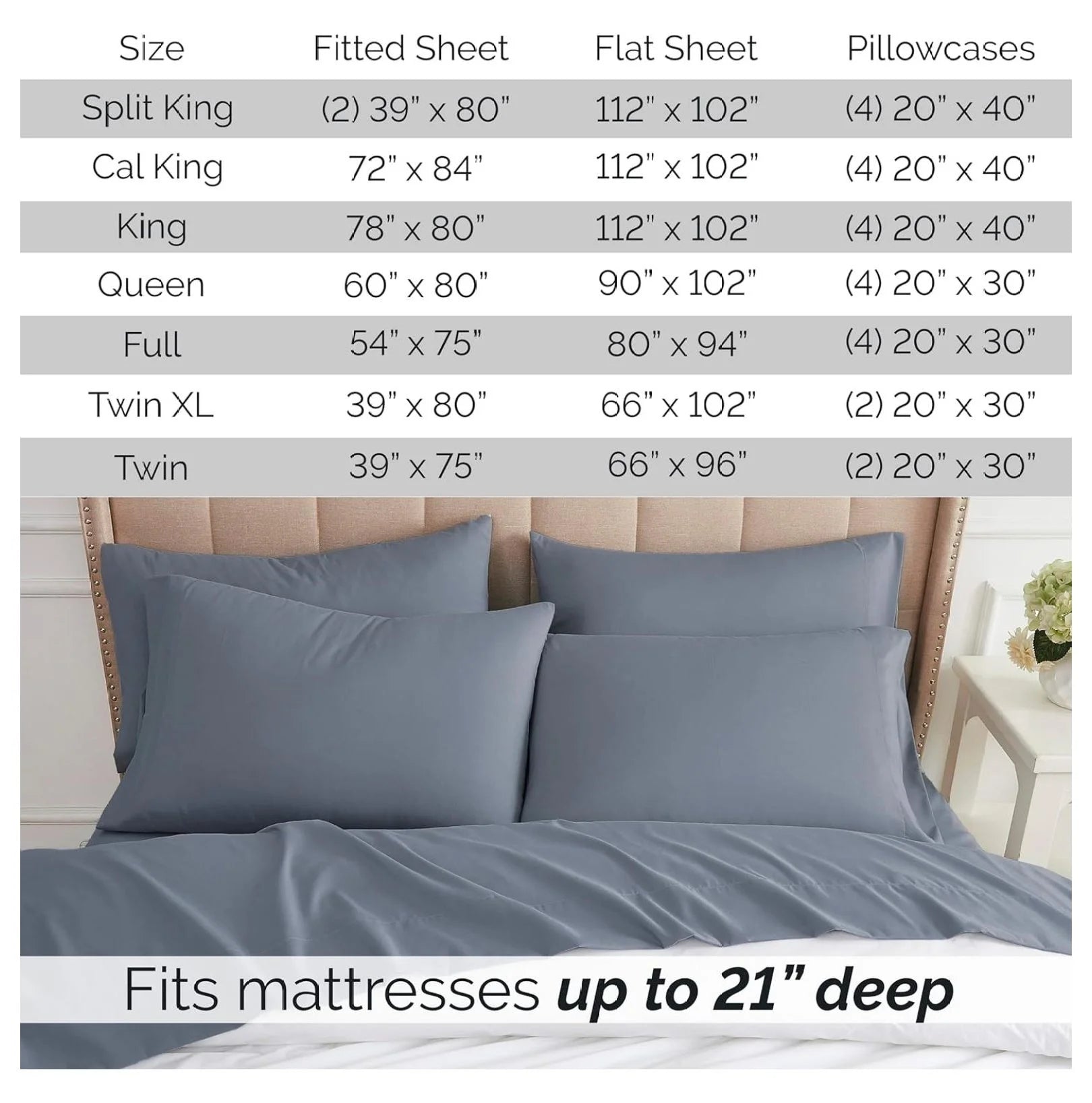 6-Piece King Microfiber Sheet Set with 21" Deep Fitted Sheet, Slate Blue J8701