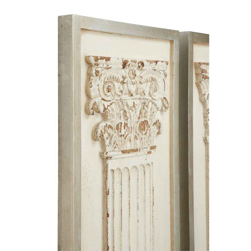 Large Rectangular Distressed Antique White Wood Wall Decor with Carved Greek Columns, Set of 2 A2374