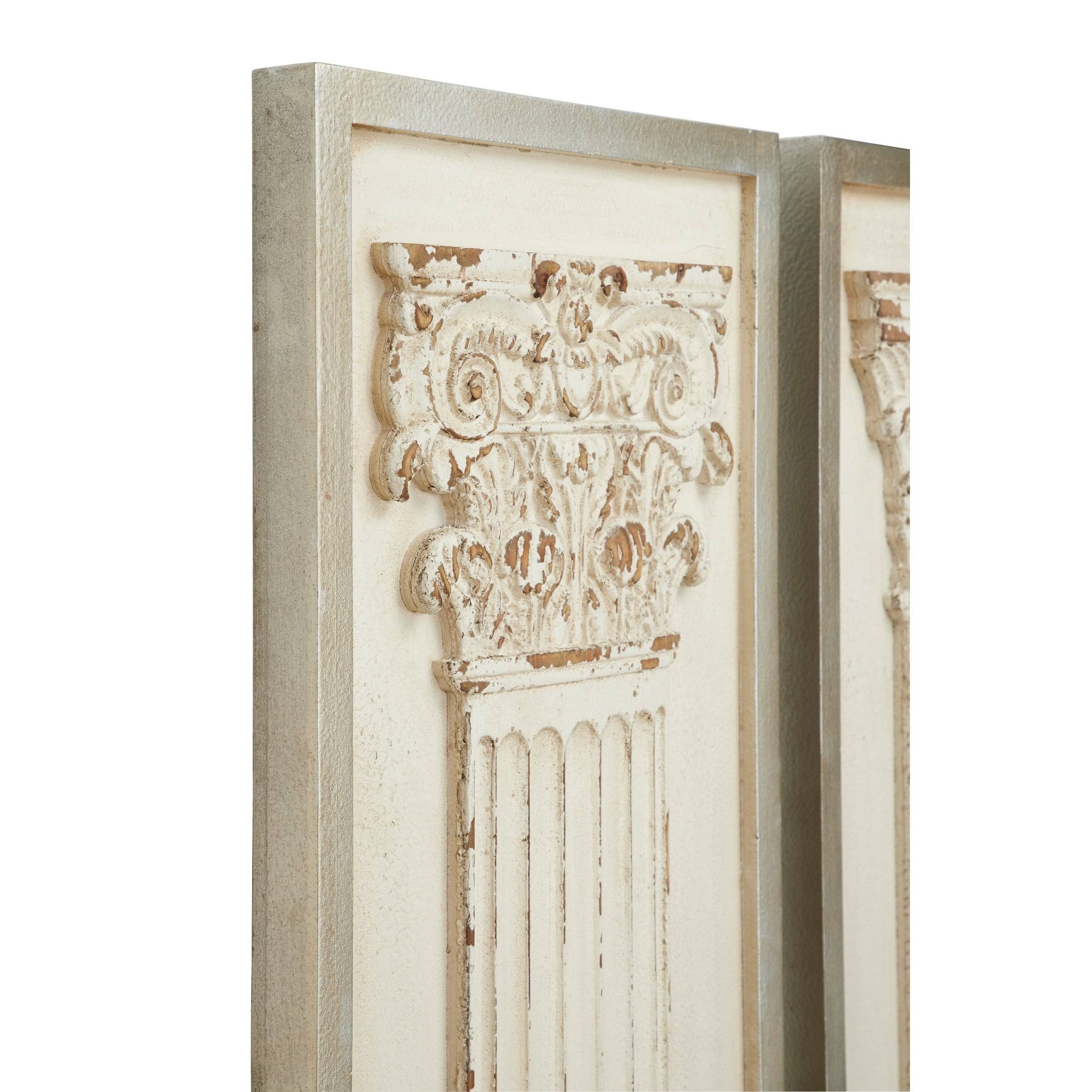 Large Rectangular Distressed Antique White Wood Wall Decor with Carved Greek Columns, Set of 2 A2374