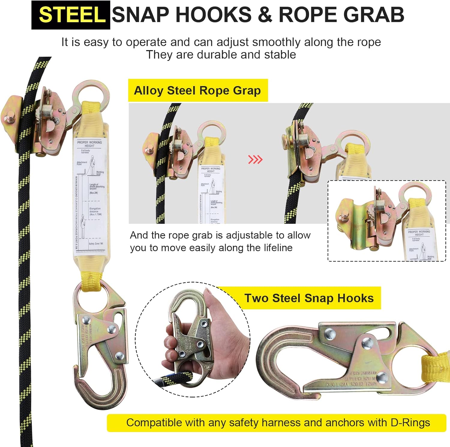 25 ft Rope Assembly with Rope Grab Snap Hooks Shock Absorber CE Standard Fall Protection Rope Kits Pack of 2 M233