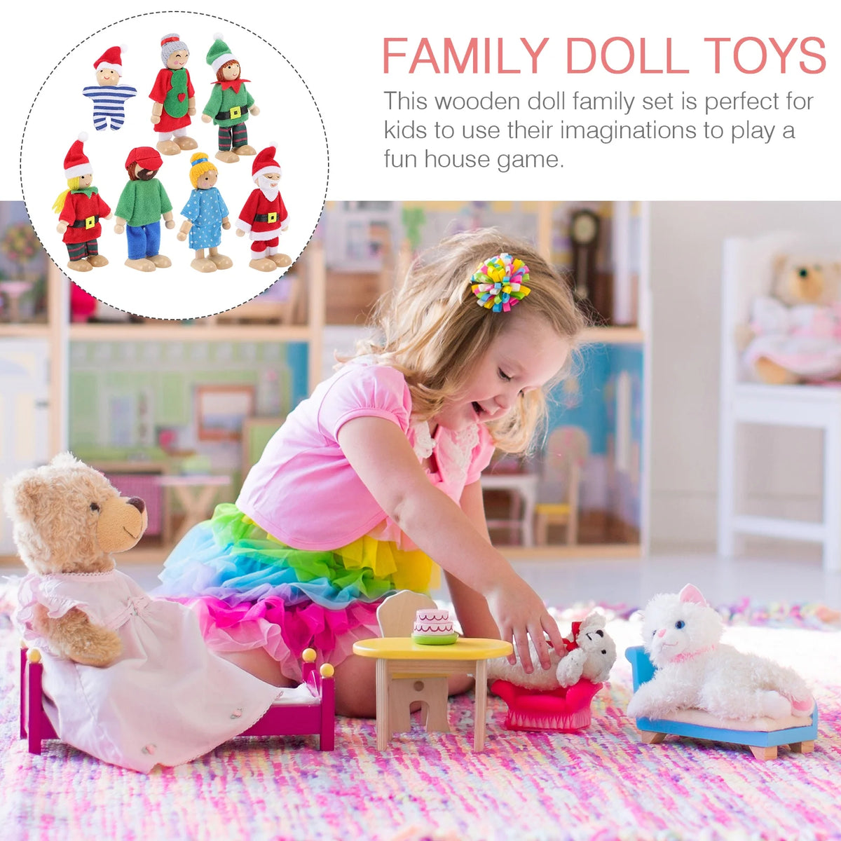 Wooden Dollhouse Play Set with Doll Figures V877458