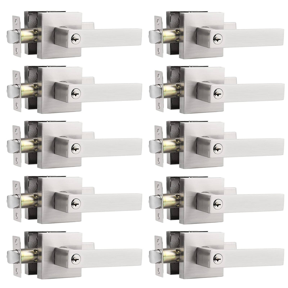 Square Door Levers in Satin Nickel Finish, Keyed Locks A2375