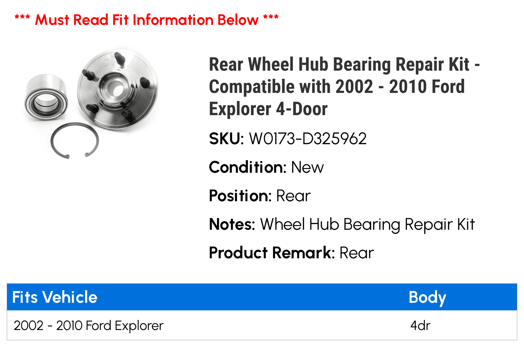 Rear Wheel Hub Bearing Repair Kit I2845