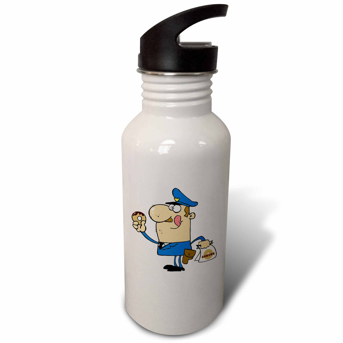 Cartoon Cop Eating Donuts Sports Water Bottle, 21oz P1656