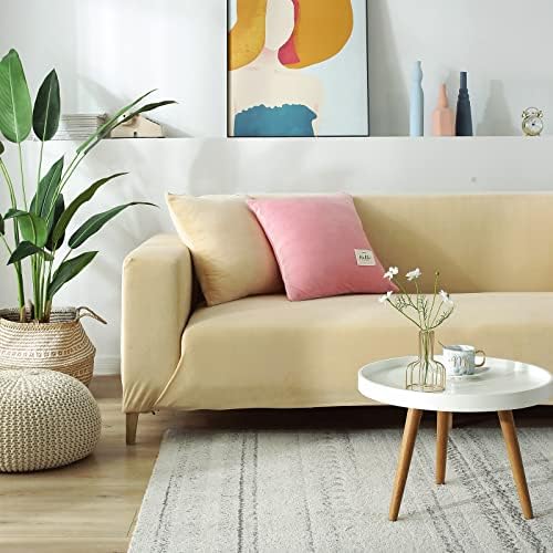 Beige 2 Seater Stretch Velvet Sofa Slipcover with Non Slip Elastic Straps A4961