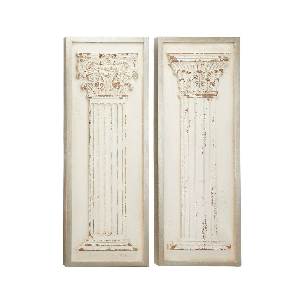 Large Rectangular Distressed Antique White Wood Wall Decor with Carved Greek Columns, Set of 2 A2374